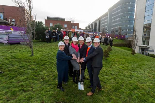 Linda Pollard CBE, David Firth, Harriet Dow, Dr Terry Bramall CBE, Martin Jenkins and James Price break ground at the site of the centre in January.