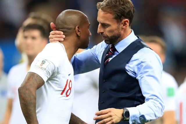 England manager Gareth Southgate embraces Ashley Young after the FIFA World Cup semi-finae Luzhniki Stadium, Moscow (Picture: Adam Davy/PA Wire)