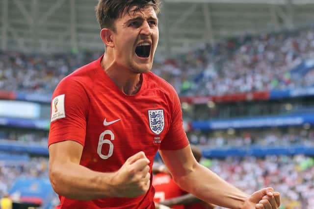 Sheffield's Harry Maguire celebrates his goal against Sweden in the quarter-final.