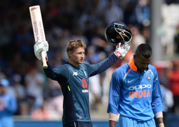 Joe Root of England celebrates reaching his century during the 2nd Royal London One-Day International between England and India at Lord's. (Picture: Philip Brown/Getty Images)