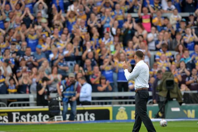 Kevin Sinfield applauds the South Stand at Headingley.