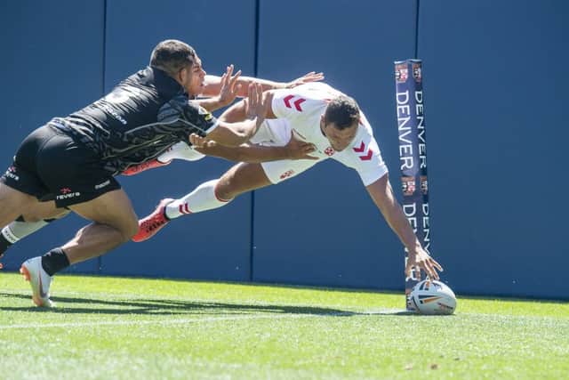 Ryan Hall in tryscoring action for England against New Zealand last month. PIC: Allan McKenzie/SWpix.com