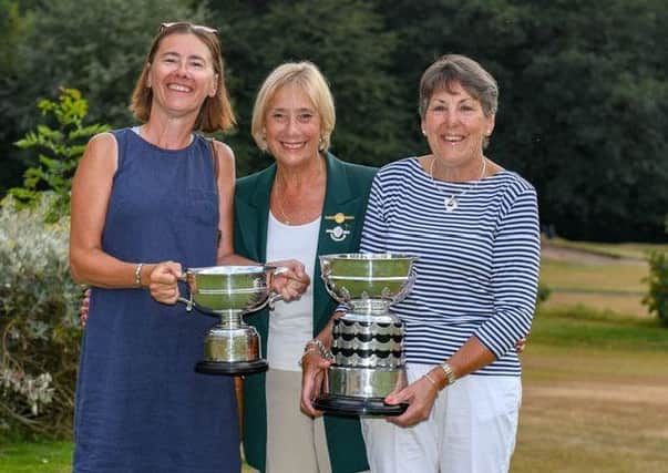 Yorkshire Challenge Bowl winner Enid Spencer, right, with runner-up Liz Burkill, left, and Yorkshire Ladies County Golf Association president Ann McMullen. All three are members of Leeds GC, scene of Spencer's triumph.