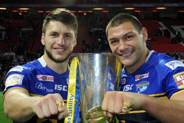 Tom Briscoe and Ryan Hall with their Super League Grand Final  rings in 2015.