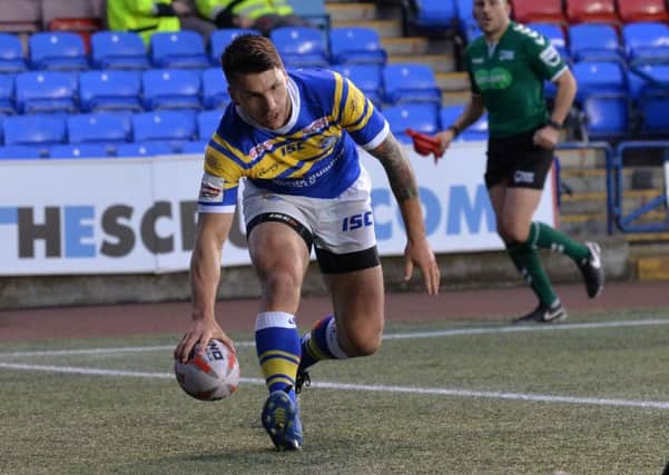 Tom Briscoe touches down against Widnes in the Challenge Cup tie earlier in the season.