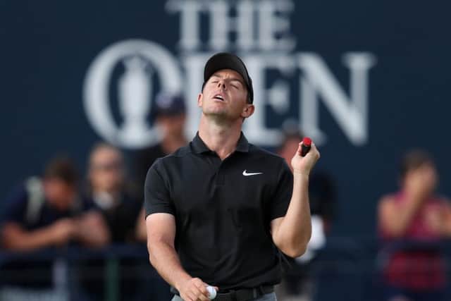 Rory McIlroy reacts on the 18th green at Carnoustie after missing a putt (Picture: David Davies/PA Wire).