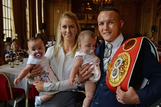 Josh Warrington with his wife Natasha and twin daughters Eliza and Olivia.
 Lord Mayor of Leeds Cllr Graham Latty this Friday hosts a civic reception for world champion boxer Josh Warrington, who has cemented his place in the record books as the citys first ever world boxing title holder.
20 July 2018.  Picture Bruce Rollinson