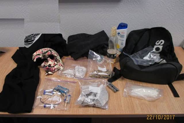 Photo issued by North East CTU of the contents of a rucksack that was found by officers searching the older boy's hideout, which prosecutors claimed were instruments for building an explosive.