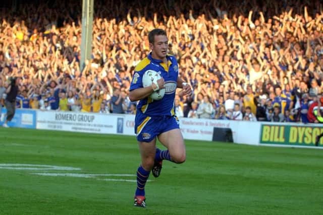 Danny McGuire scores his hat-trick try against St Helens in 2004.