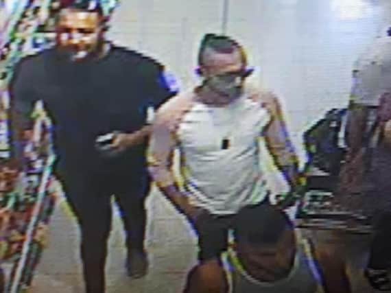 CCTV photo dated 21/07/2018 issued by West Mercia Police of three men, who police are looking for in connection to a suspect acid attack to a three-year-old boy in Home Bargains on Shrub Hill Retail Park, Tallow Hill, Worcester.