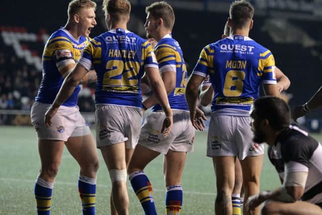 Stevie Ward celebrates his try against Widnes.