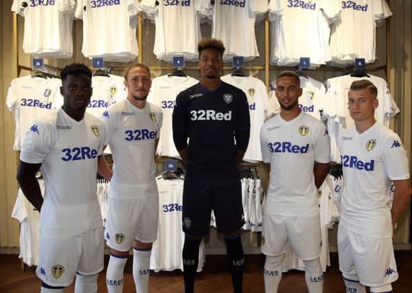 Leeds United players modelling the new kit at Elland Road yesterday. From left to right: Ronaldo Vieira, Luke Ayling, Jamal Blackman, Kemar Roofe and Gjanni Alioski.