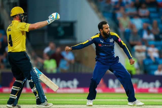 Yorkshire's Adil Rashid celebrates the wicket of Birmingham's Sam Hain in Friday night's T20 Blast win. Picture by Alex Whitehead/SWpix.com