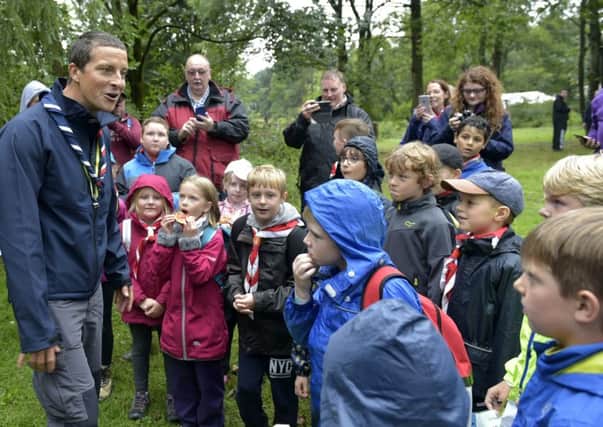 Chief Scout Bear Grylls with  scouts at Bramhope as part of their Youth Commissioners Challenge badge:  Bear Grylls chats with scouts