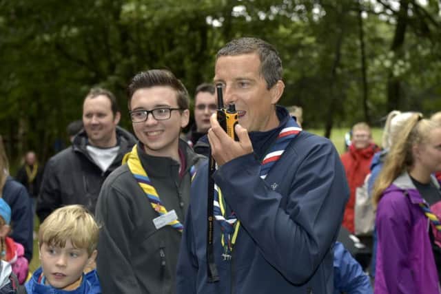 Chief Scout Bear Grylls with scouts at Bramhope as part of their Youth Commissioners Challenge badge.