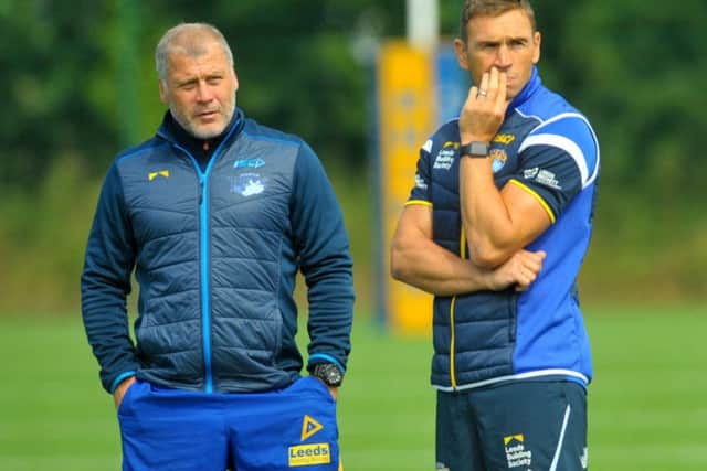 Coach James Lowes and director of rugby Kevin Sinfield take Leeds Rhinos training ahead of the upcoming Cup semi-final against Warrington. PIC: Steve Riding