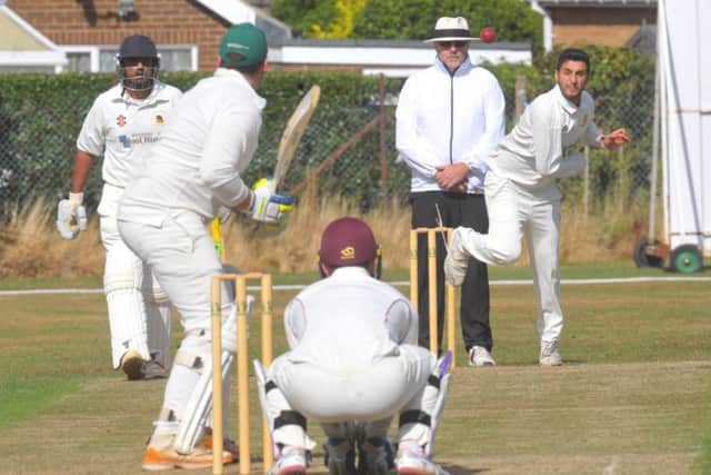 Bilton bowler Amir Hussain pitches in against Follifoot. PIC: Steve Riding