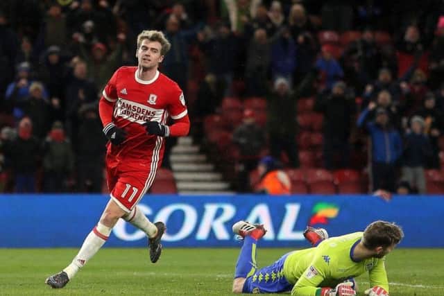 Bamford rounds Felix Wiedwald after scoring one of three goals in Leeds United's 3-0 defeat at Middlesbrough in March.