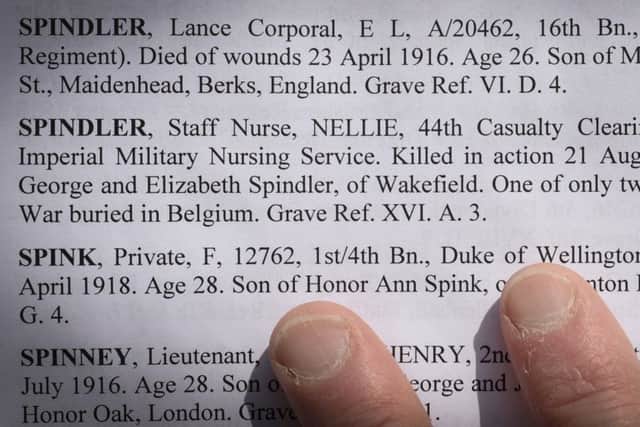 Wakefield nurse, Nellie Spindler, is buried at Lijssenthoek Military Cemetery and her name is printed the Book of Remembrance. Picture Mike Cowling.