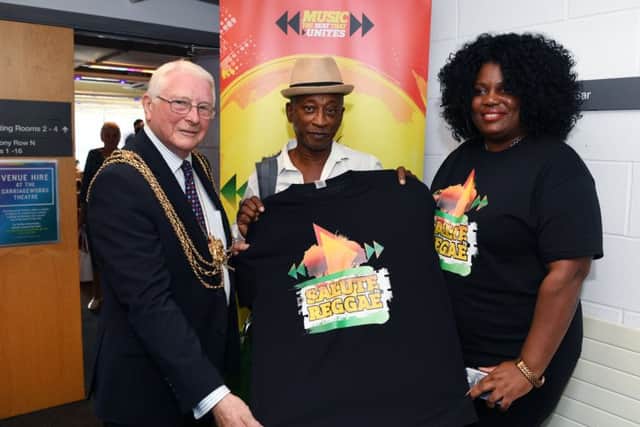 Celebrating 50 years of UK Reggae at the Carriageworks in Leeds. Lord Mayor Coun Graham Latty with Brinsley Forde from Aswad and Black Musice Festival organiser Heather Nelson.
2nd August 2018.
Picture Jonathan Gawthorpe