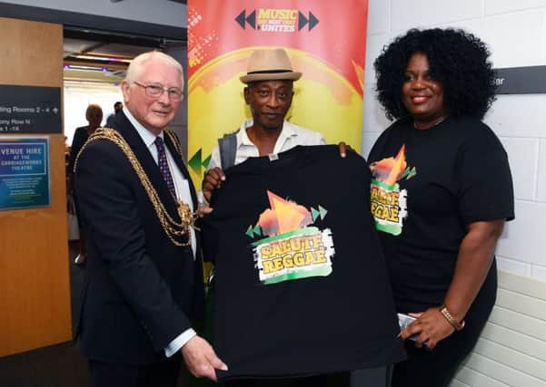 Celebrating 50 years of UK Reggae at the Carriageworks in Leeds. Lord Mayor Coun Graham Latty with Brinsley Forde from Aswad and Black Musice Festival organiser Heather Nelson.
2nd August 2018.
Picture Jonathan Gawthorpe