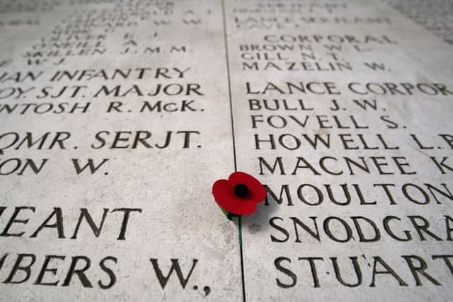 The names of the fallen from the First World War at The Menin Gate Memorial,  Ypres, Belgium.