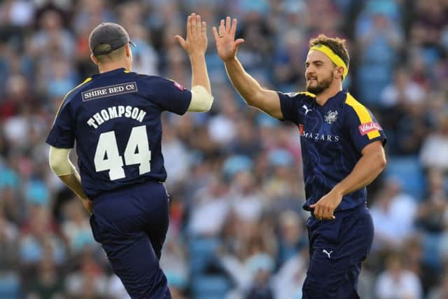 Yorkshire's Jack Brooks celebrates taking the wicket of Northants' Richard Levi Picture by Anna Gowthorpe/SWpix.com