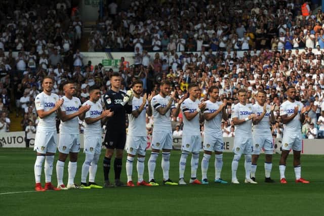 5th August  2018......  Leeds United v Stoke City Skybet Championship Leeds players during a minutes applause in memory of former player Paul Madeley. Picture Tony Johnson.