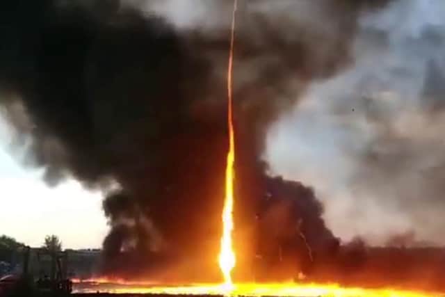 A screengrab taken from a video supplied by Leicestershire Fire and Rescue Service showing the moment a "firenado" engulfed a plastics factory in Swadlincote, Derbyshire. PIC: Leicestershire Fire and Rescue Service/PA Wire