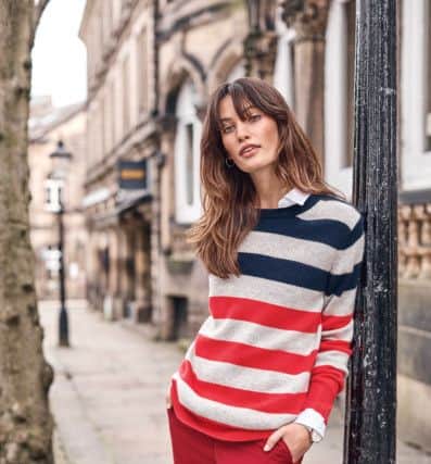 Toccato  boyfriend sweater in navy/coral stripe, sizes 8-20, Â£150; tailored ankle-length trouser, sizes 8-20, Â£120. All clothes available at Purecollection.com.