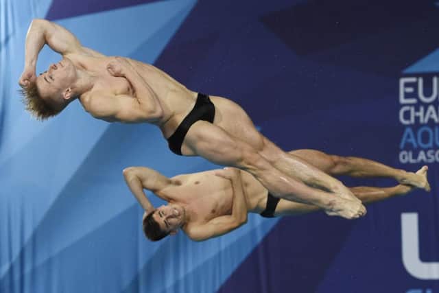 Harrogate's Jack Laugher and Chris Mears pictured during the men's 3m synchronised springboard final (Picture: Ian Rutherford/PA Wire).