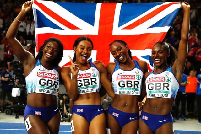 Great Britain's Asha Philip (left), Imani Lansiquot, Bianca Williams (second right), and Dina Asher-Smith (right) celebrate winning the gold medal in the women's 4x100m relay final. PIC: Martin Rickett/PA Wire