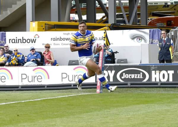 Ryan Hall scores against Toulouse which turned out to be his final appearance for the Rhinos.