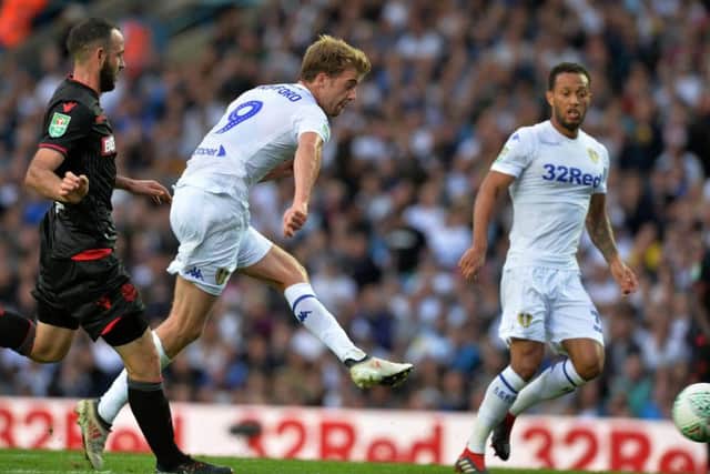 Patrick Bamford shoots on goal against Bolton Wanderers at Elland Road.