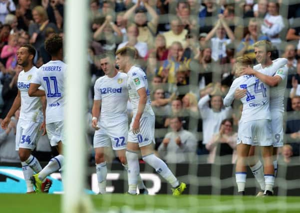 Patrick Bamford celebrates his first goal for Leeds.
Leeds United v Bolton Wanderers.  EFL Cup.  Elland Road
14 August 2018.  Picture Bruce Rollinson