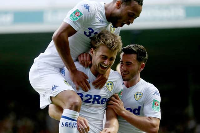 Patrick Bamford celebrates his first Leeds United goal.