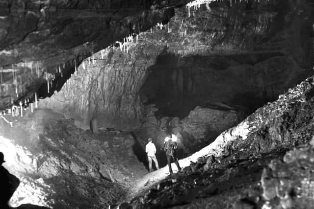 Gaping Ghyll caverns, 1935Nearly 400 feet below ground in Gaping Ghyll, one of the caverns on the South West Passage.