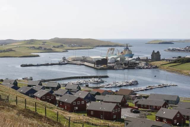Overlooking East Voe of Scalloway, mainland Shetland.