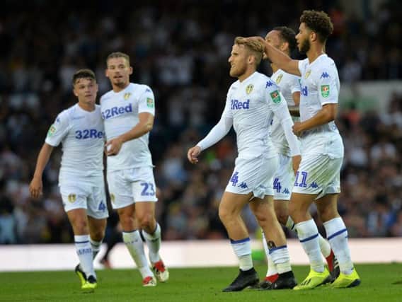Samuel Saiz celebrates in the first round of the Carabao Cup.