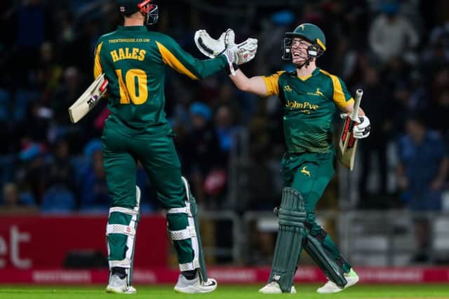 Notts' Tom Moores and Alex Hales celebrate the win against Yorkshire (Picture: Alex Whitehead/SWPix.com)