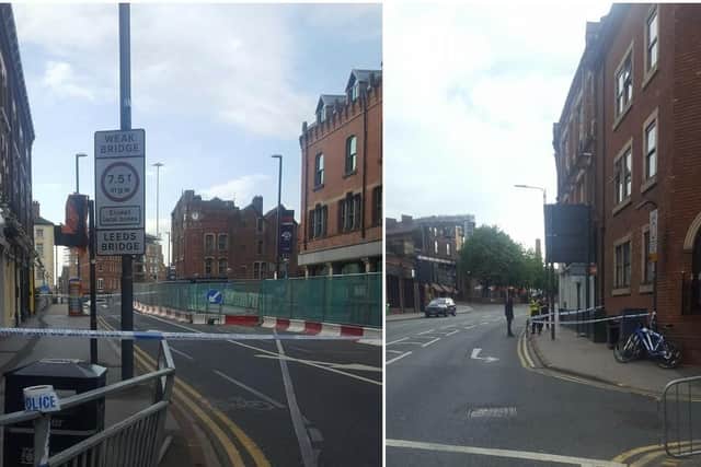 The scene of the stabbing at Bridge End, at the junction with Call Lane in Leeds city centre on Saturday morning. Picture by Dannii Seaton.