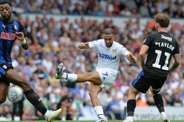 Leeds United's Kemar Roofe shoots against Rotherham United.