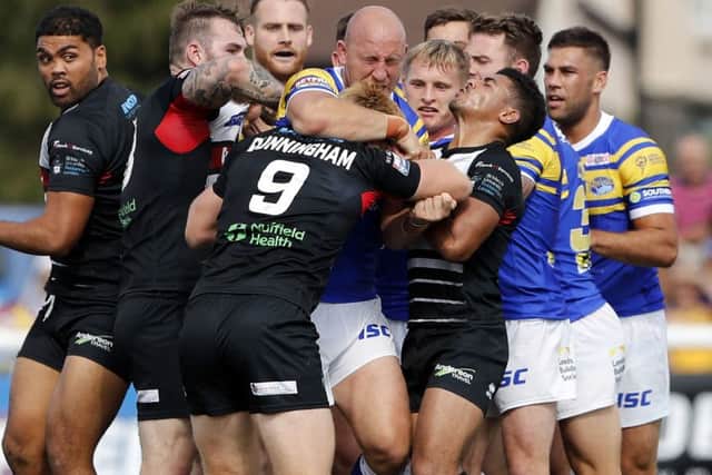 It was a tough old Super 8s Qualifier between London Broncos and Leeds Rhinos at Ealing Trailfinders Stadium on Sunday. PIC: Max Flego/RLPhotos.com