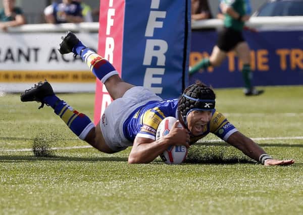 Ashton Golding touches down for a try for Leeds during the Super 8 Qualifier between London Broncos and Leeds Rhinos at Ealing Trailfinders Stadium. PIC: Max Flego/RLPhotos.com