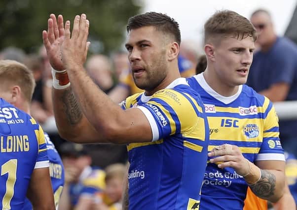 Joel Moon applauds the Leeds fans after his second try at London.