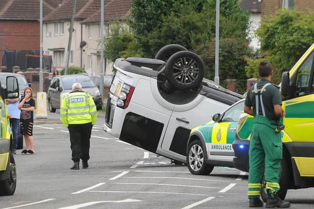 The flipped Land Rover in Pepper Road Leeds