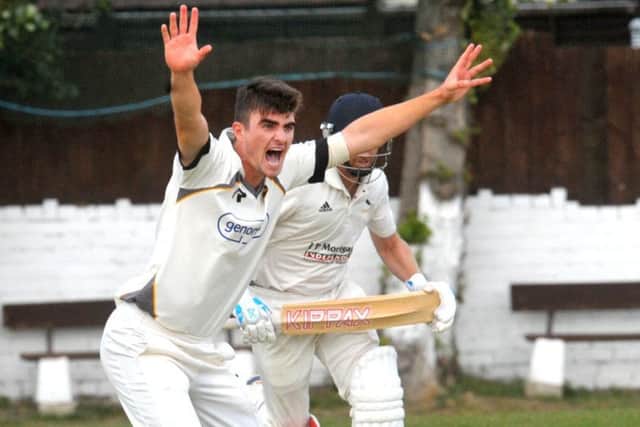 Saints bowler Jordan Thompson makes a big but unsuccessful lbw appeal against Hanging Heaton's Gary Fellows. PIC: Steve Riding