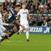 Pablo Hernandez strikes with his late equaliser against Swansea. Picture: Bruce Rollinson.