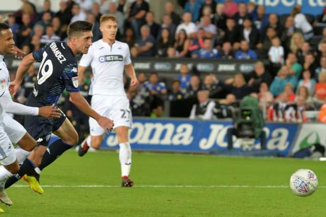 Pablo Hernandez strikes with his late equaliser against Swansea. Picture: Bruce Rollinson.