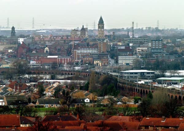 Wakefield City Centre viewed from the remains of Sandal Castle, Sandal, Wakefield.